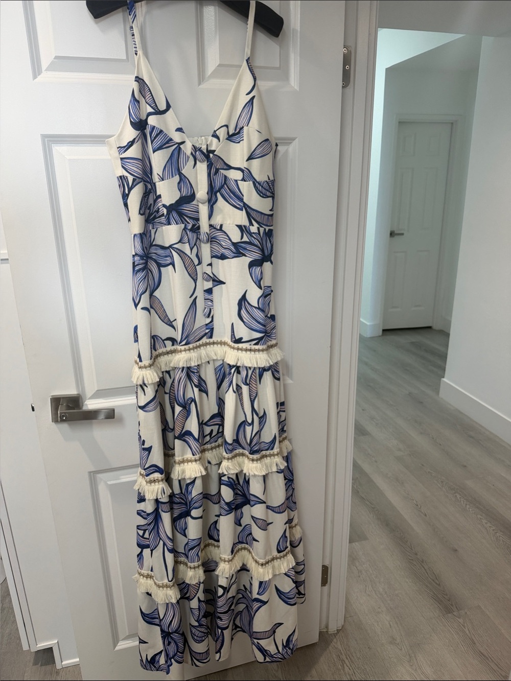 PatBO Cream Maxi Dress with Blue Floral Print and Ruffled Tiers